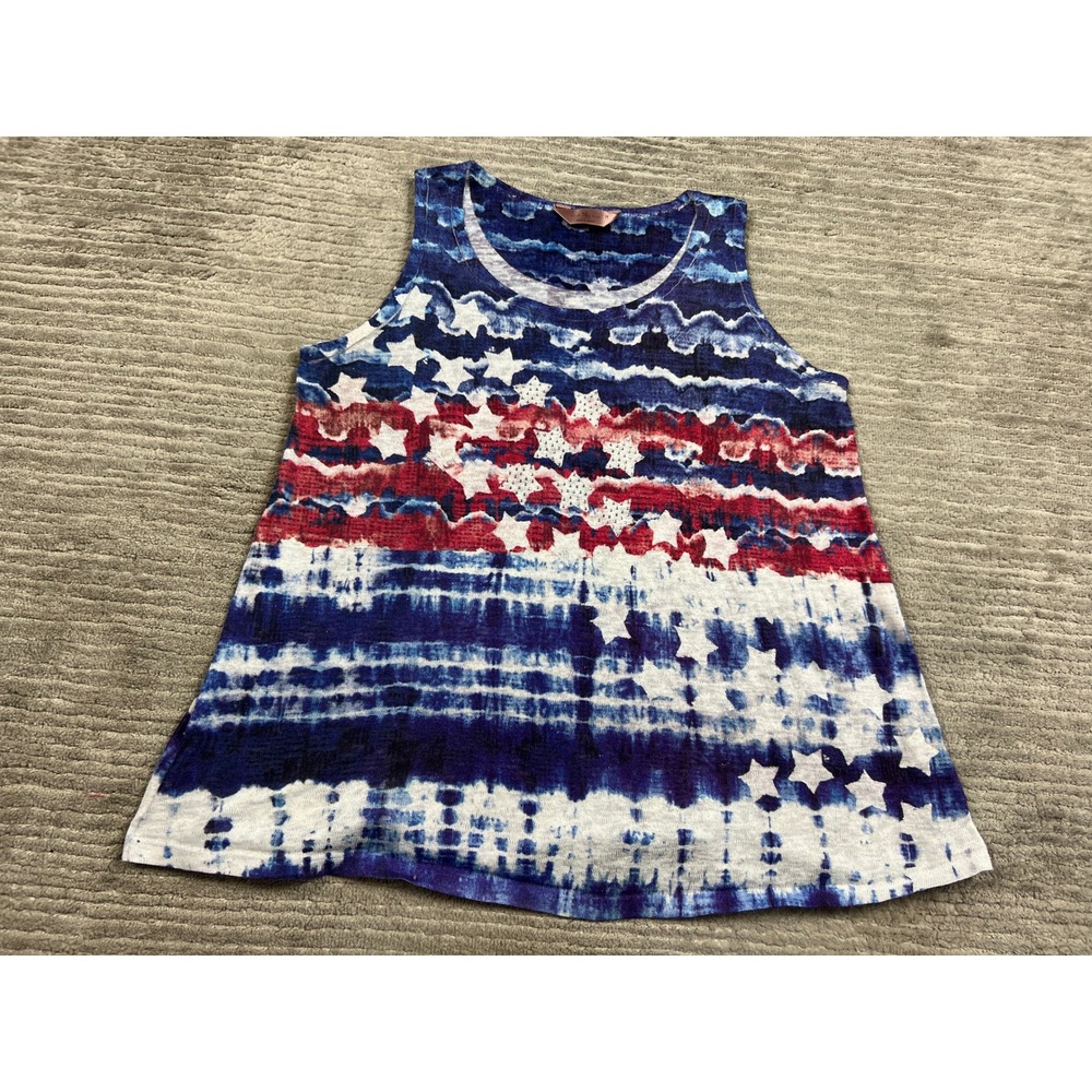 SJS Tank Top Women Medium Blue Stars Stripes Tie Dye Sleeveless Patriotic